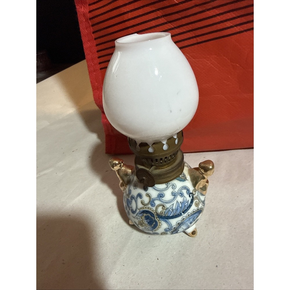 Lefton Miniature Blue Paisley Hand Painted Oil Kerosene Lamp
